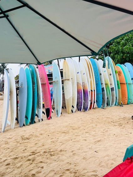 A row of colorful surfboards under a tent on a sandy beach. 5