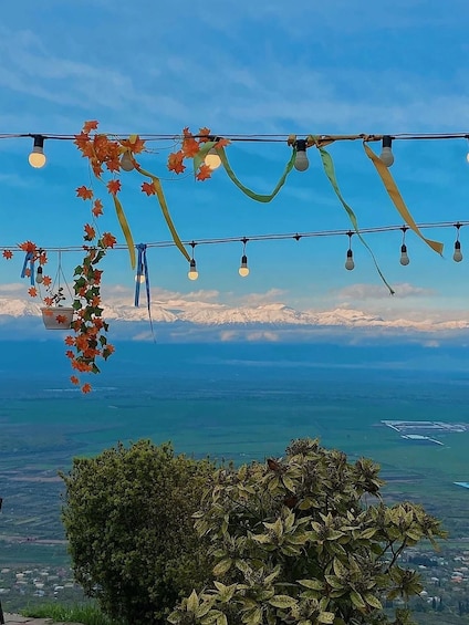 A view of a mountainous landscape with a clear sky, decorated with autumn leaves and string lights. 2