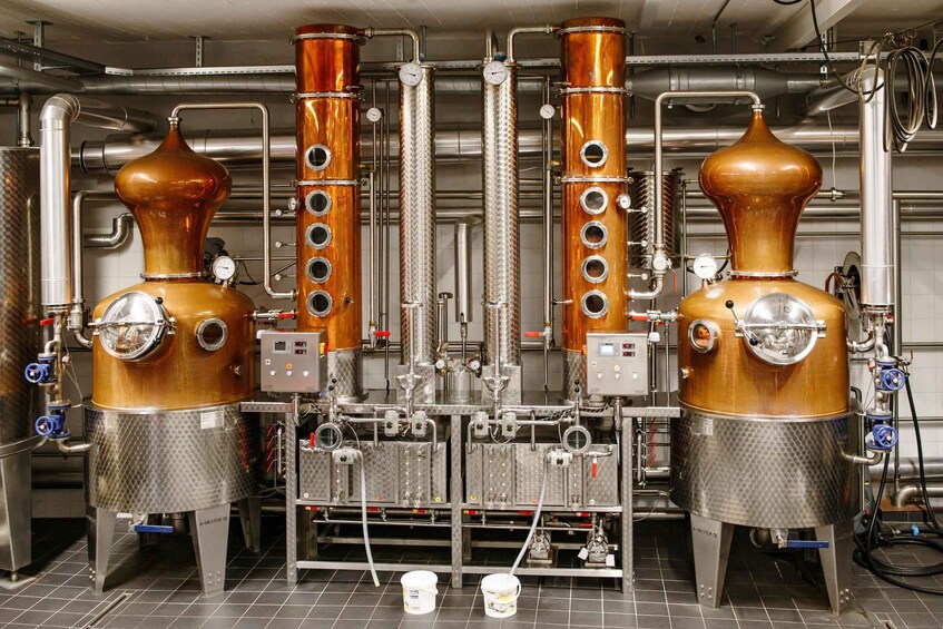 Industrial distillation columns with gauges and pipes. 5