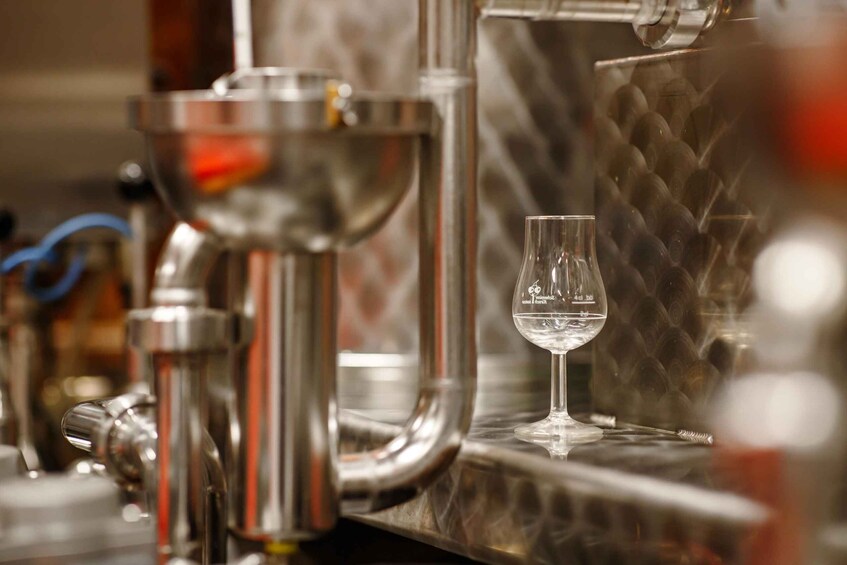 A stainless steel brewing apparatus with a glass of clear liquid, possibly beer, on a counter. 5