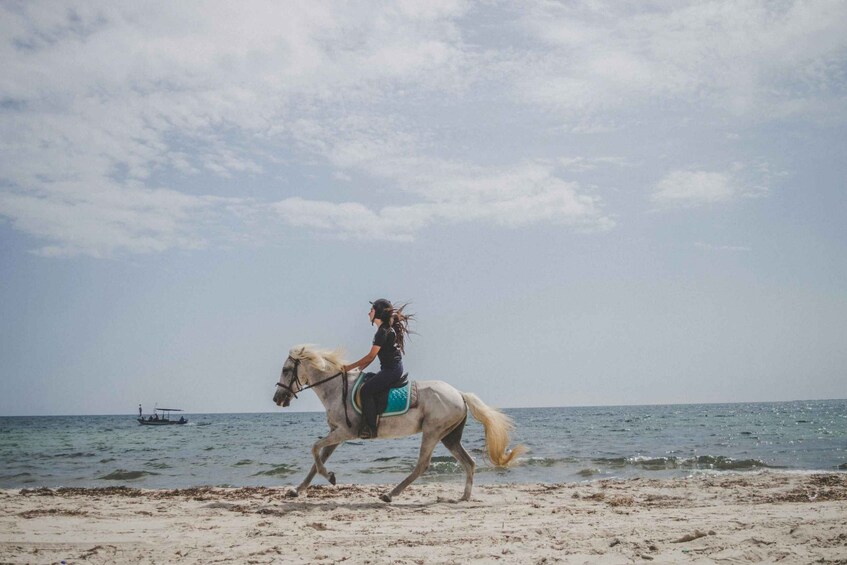 A person riding a horse along a beach with the sea in the background. 1