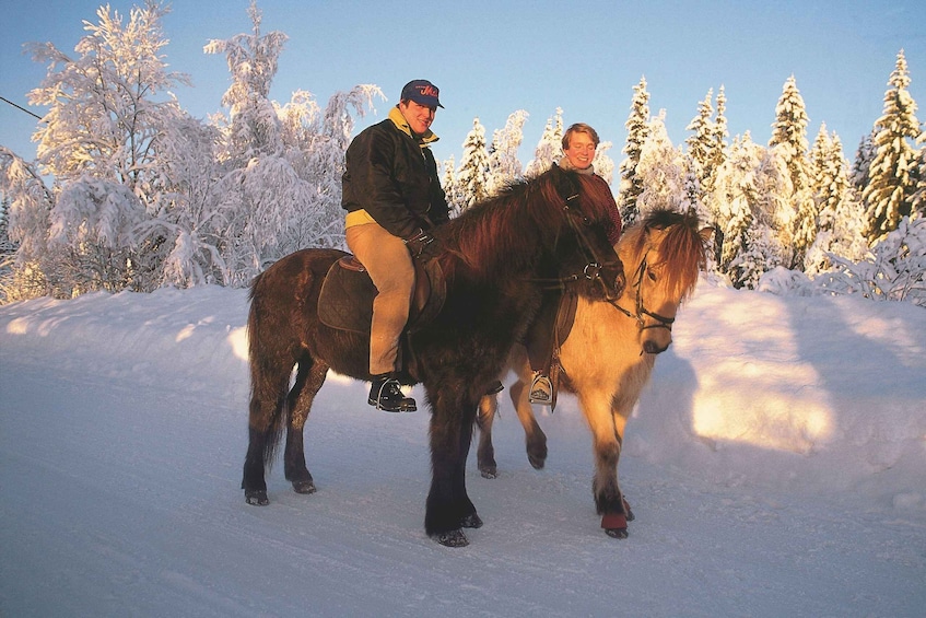 Two people riding horses in a snowy forest. 1