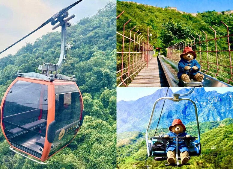 A cable car, a wooden walkway, and a bear in a red hat. 2