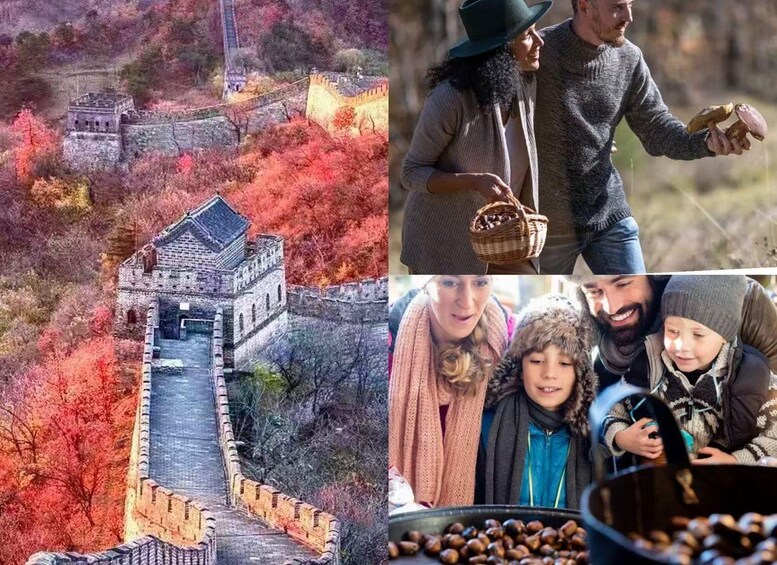 A historical wall with a gate, autumn foliage, and people engaged in outdoor activities. 1