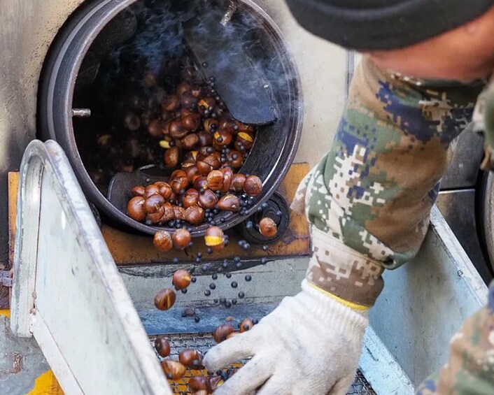 A person wearing gloves handling roasted chestnuts in a cooking pot. 3