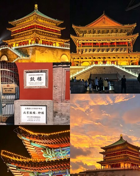 A traditional Chinese building with illuminated red and gold details, a stone plaque with text, and a view of the sky with clouds. 4
