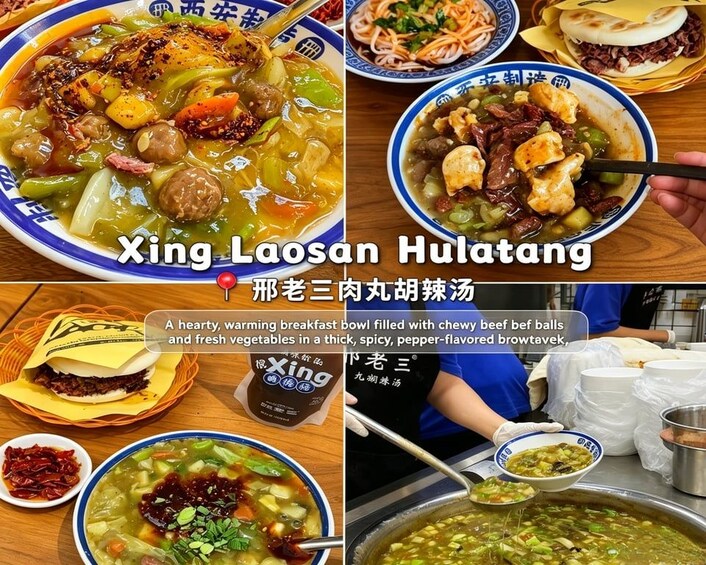 A variety of dishes including a spicy soup with meatballs and vegetables, a bowl of noodles with meat, and a sandwich. 2