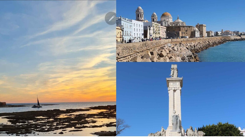 A sunset over a rocky coastline, a historic cityscape with a prominent church, and a classical monument. 1