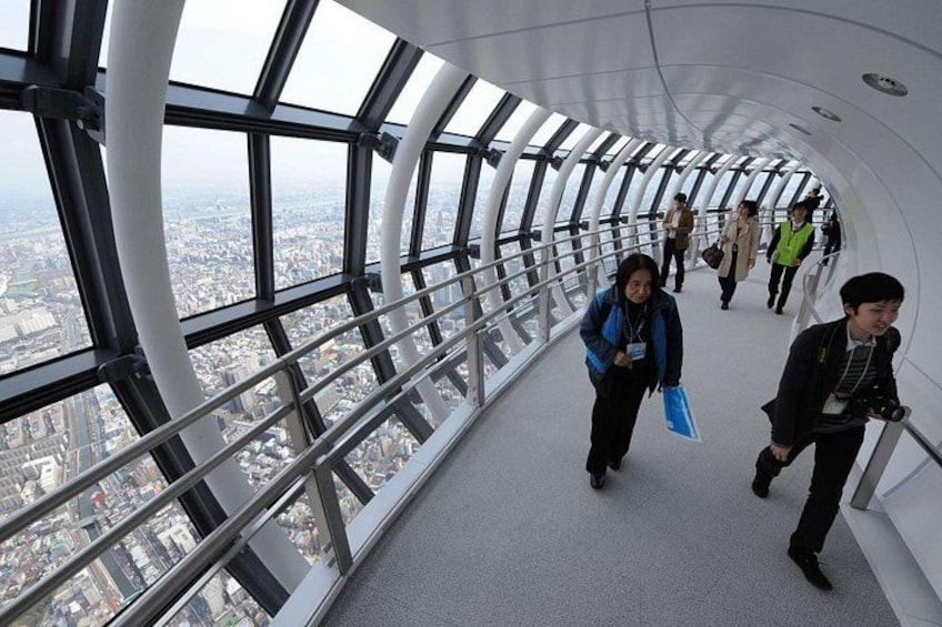 A curved glass walkway with people walking. 2