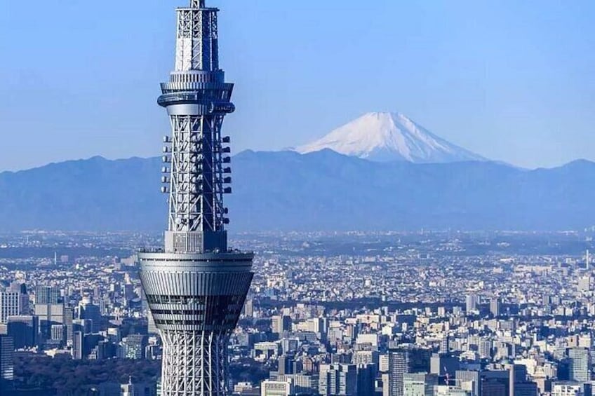 A cityscape with a prominent tower and a mountain in the background. 3