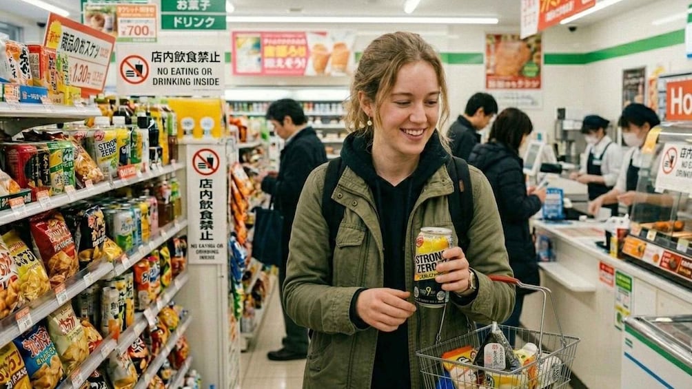 A person shopping in a store aisle with snacks and drinks. 4