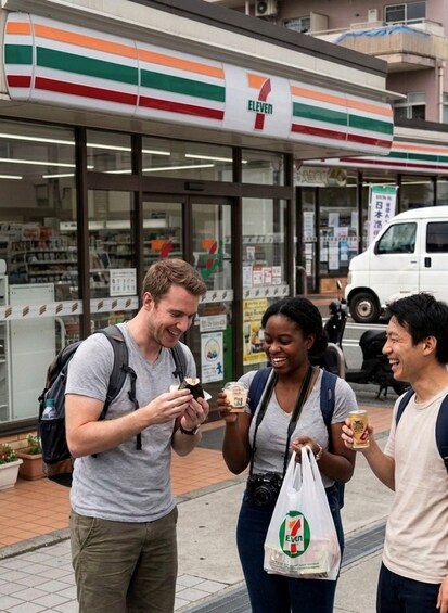 Three people outside a 7-Eleven store, one holding a drink and a bag. 3