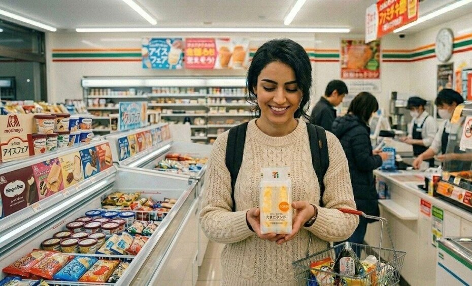 A person in a grocery store aisle holding a packaged food item. 2