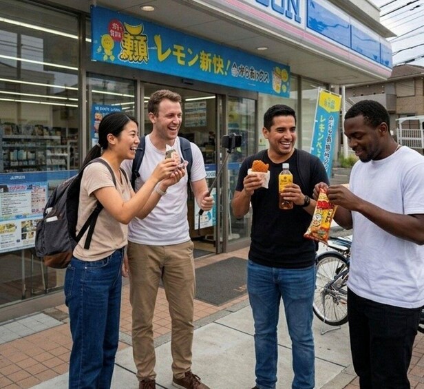 Four people outside a store with a sign in a foreign language. 5