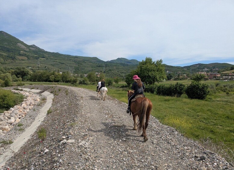 Three people riding horses on a gravel path with hills and greenery in the background. 3