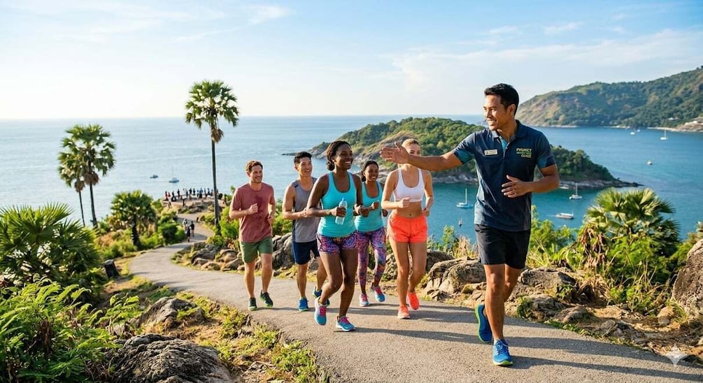 A group of people jogging on a coastal path with a view of the sea and boats. 4
