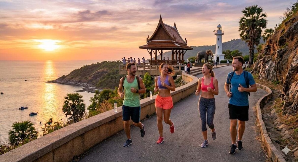 A sunset over a coastal road with a lighthouse, a gazebo, and a group of people jogging. 2