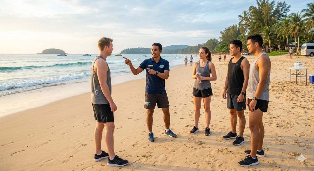 A group of people on a beach with ocean and palm trees in the background. 5