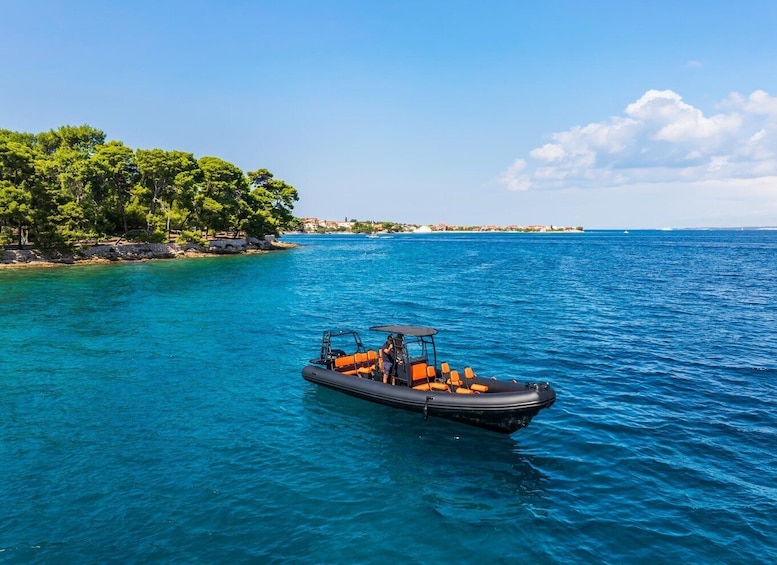 A small inflatable boat with orange seats on a clear blue sea, surrounded by a coastline with dense green trees. 2