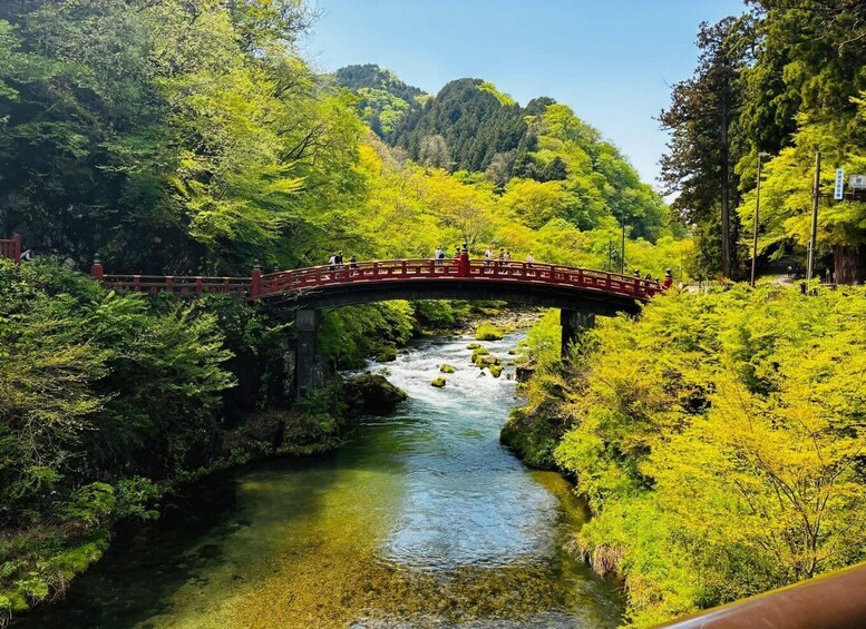 A red bridge over a clear river surrounded by lush greenery and hills. 1