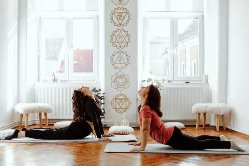 Two people practicing yoga on mats in a bright room with large windows and decorative wall art. 4
