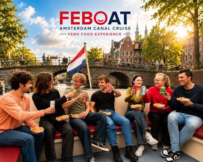 A group of people enjoying a meal on a boat with the Amsterdam Canal in the background. 1