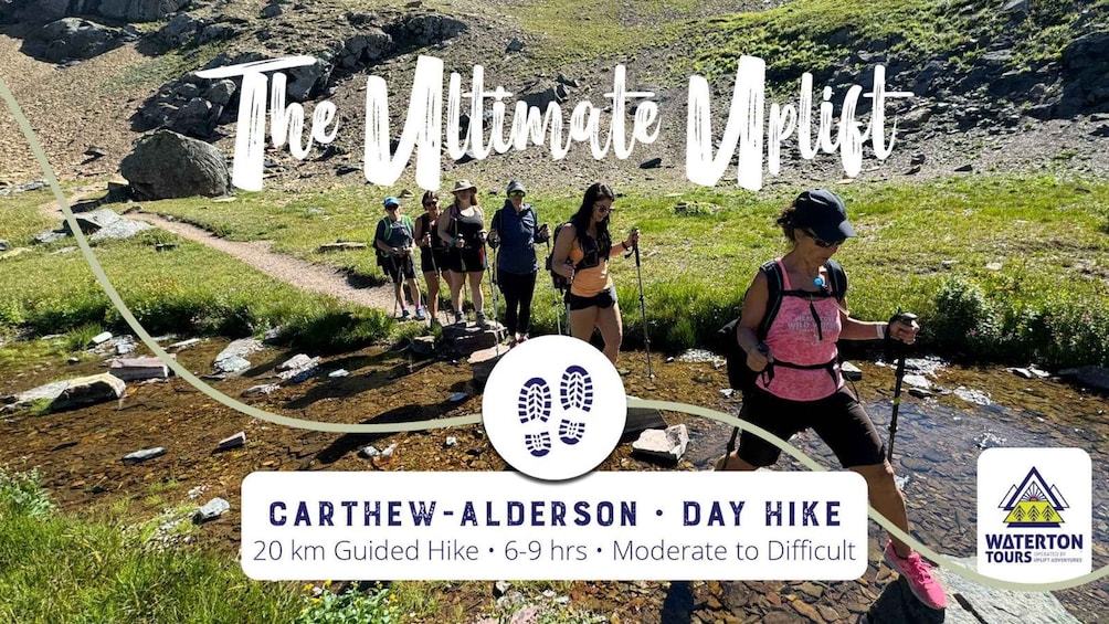 A group of hikers on a 20 km guided hike in the Carthwait-Alderson area, with a moderate to difficult terrain. 3