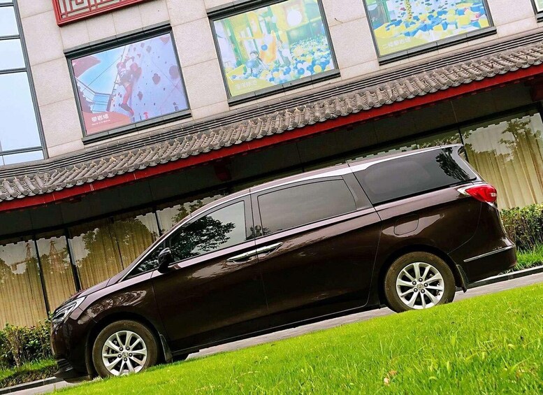 A dark brown minivan parked on a grassy area in front of a building with traditional architectural elements and colorful advertisements on the windows. 2