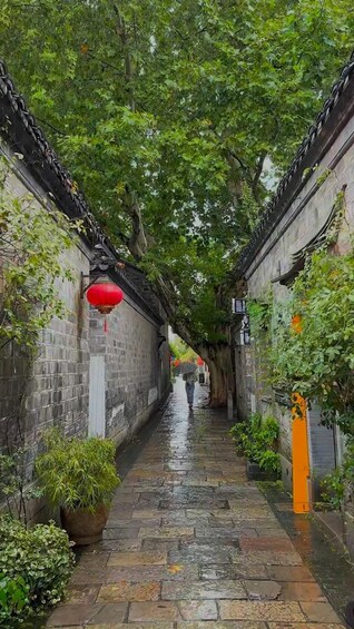 A narrow alley with wet stone pavement, traditional red lanterns, and lush green trees. 4