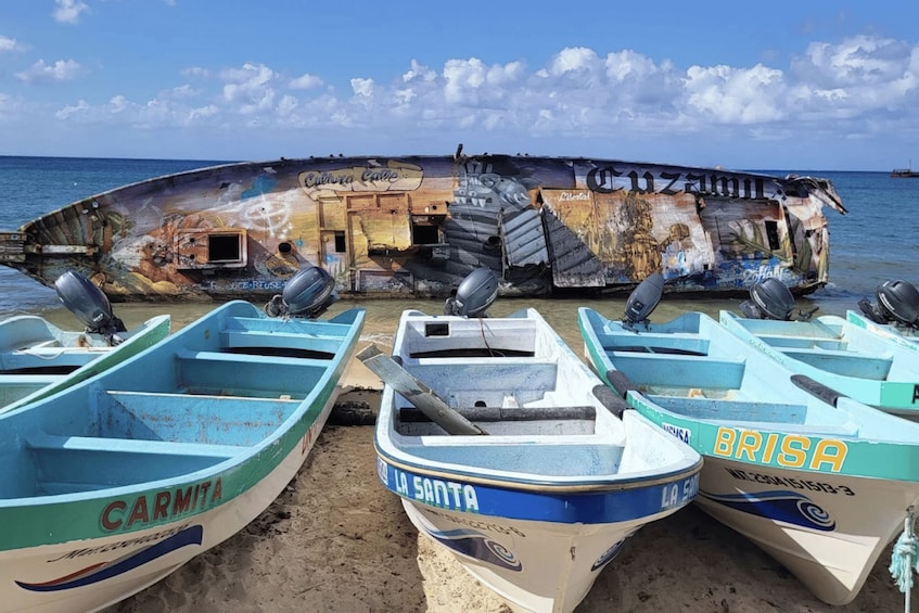 A beach with several small boats, including 'CARMITA' and 'BRISA,' and a large, rusted shipwreck in the background. 5