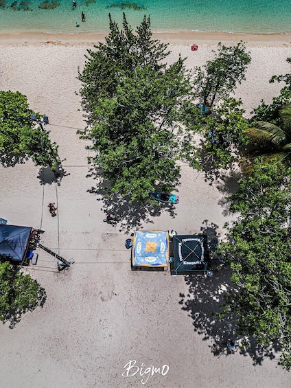 An aerial view of a beach with trees, a tent, and a covered area with a blue and yellow design. 3