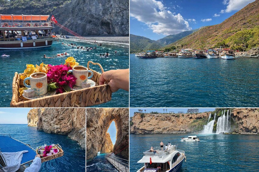 A boat with a basket of flowers and a tray of coffee, a rocky coastline with a cave opening, and a waterfall. 1