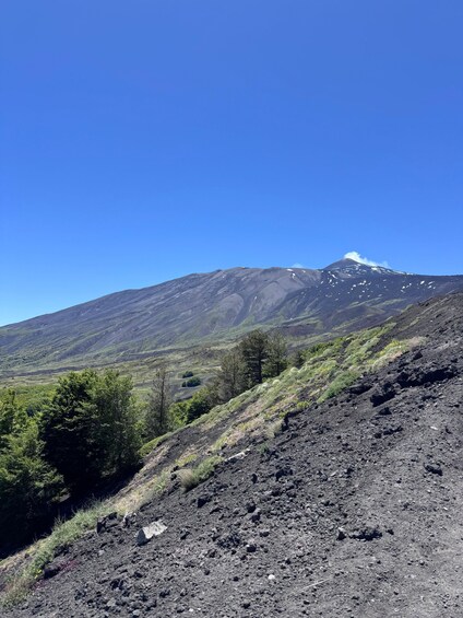 A mountain with a snow-capped peak, a clear blue sky, and a foreground of rocky terrain with sparse vegetation. 5