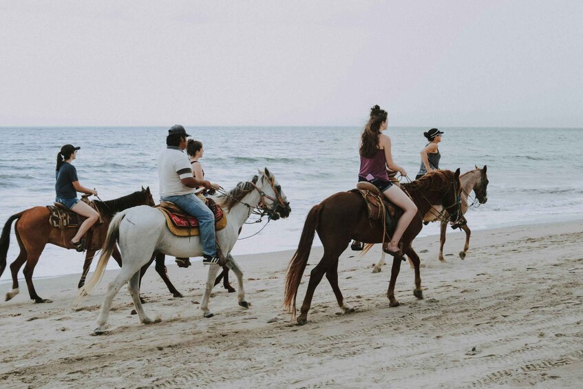 People riding horses along a beach. 5