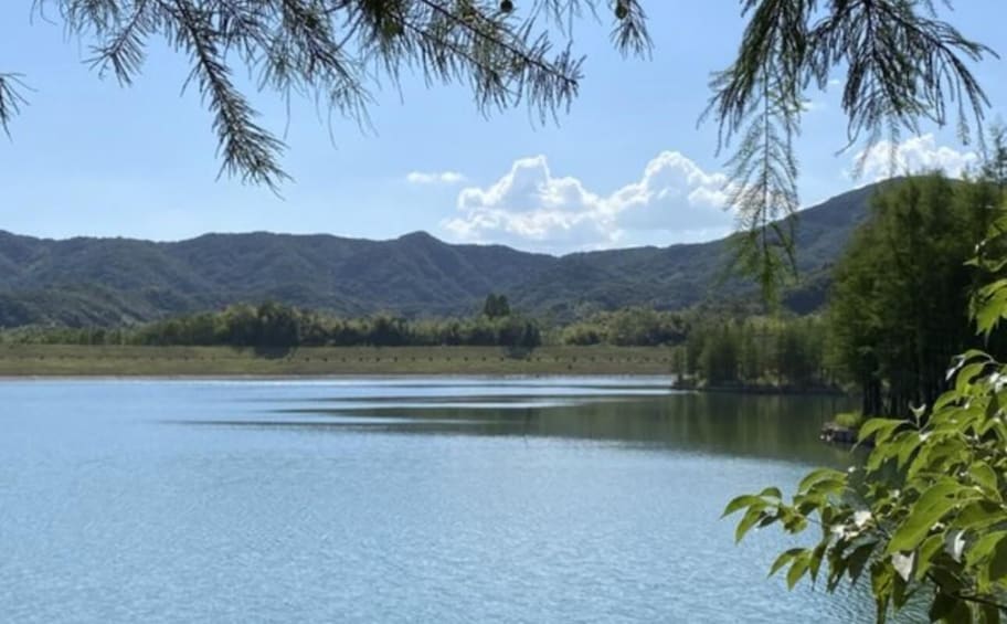 A calm lake with mountains in the background and trees in the foreground. 2