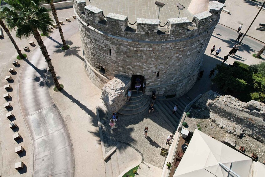 A stone tower with a circular entrance and palm trees. 4