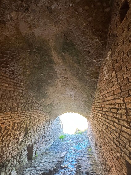 An arched stone tunnel with rough brick walls and a cobblestone floor. 3