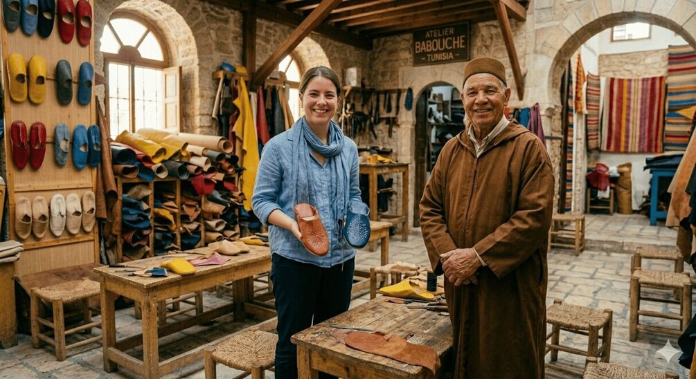 A traditional shoe workshop with wooden tables and shelves of colorful shoes. 2