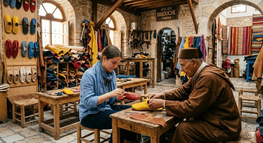 A shoe repair workshop with wooden tables and a variety of shoes displayed on shelves. 3