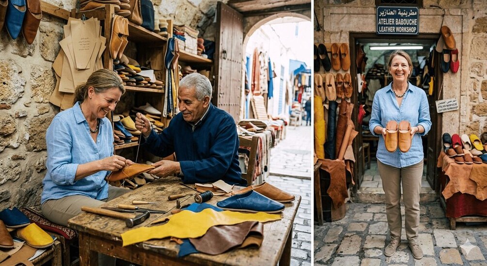 A leather workshop with leather goods displayed on shelves and tables. 1