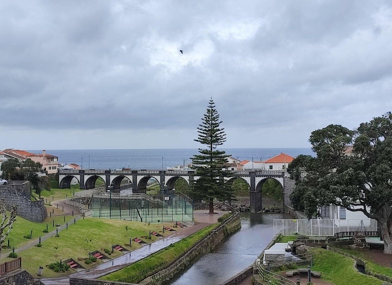 A stone bridge over a canal, a large evergreen tree, and a coastal view. 1
