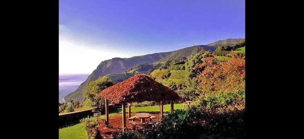 A gazebo with a thatched roof surrounded by lush greenery and a mountainous backdrop. 5