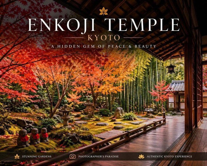 The Enkoji Temple in Kyoto, featuring a serene garden with autumn foliage, traditional Japanese architecture, and a wooden walkway. 5