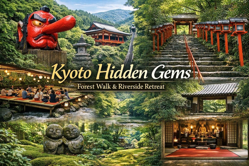A traditional Japanese temple, a forested area, and a riverside retreat. 1