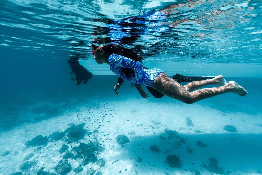 A person swimming underwater in a blue patterned swimsuit. 5