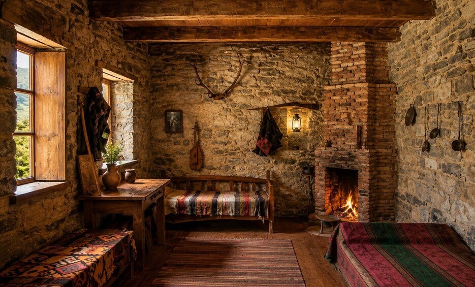 A rustic stone room with a fireplace, wooden benches, and a patterned rug. 2