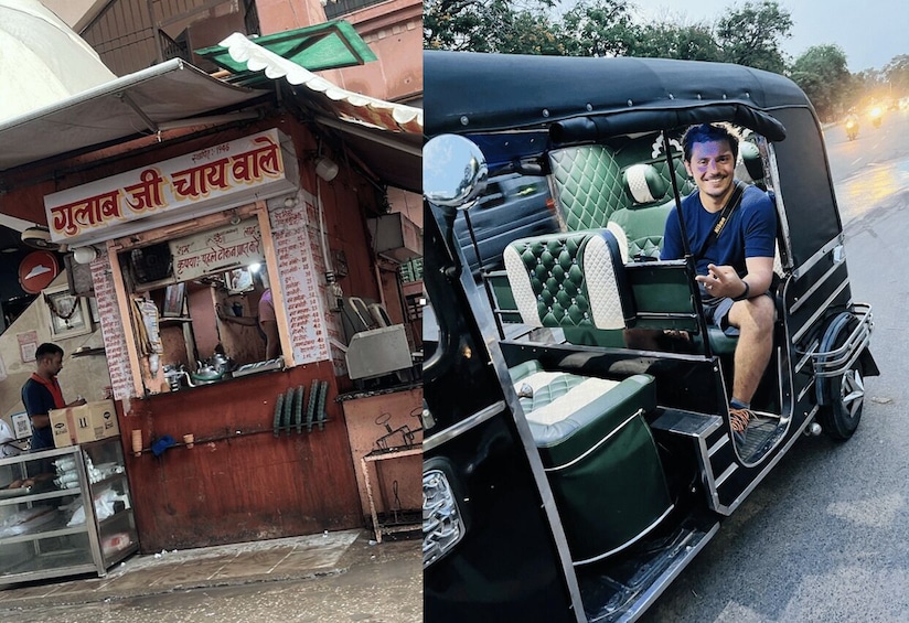 A roadside food stall and a green auto-rickshaw. 4