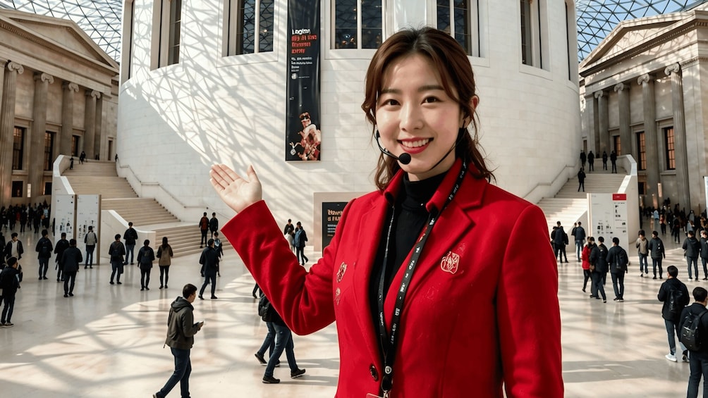 A person in a red jacket waving in a spacious indoor area with classical architecture. 1