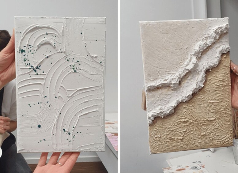 Two textured art pieces, one with wavy patterns and green specks, the other with a rough, layered texture. 3
