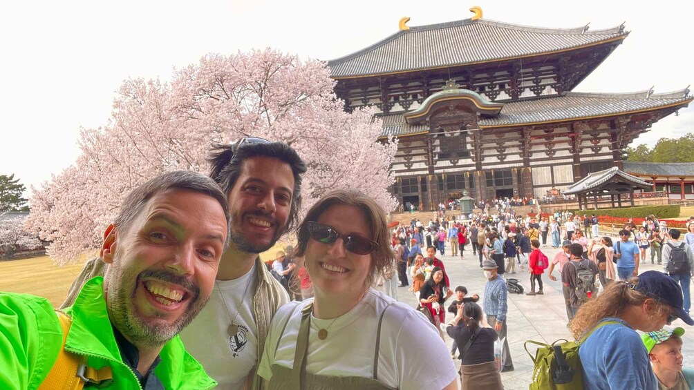 A group of people in front of a traditional building with a curved roof, surrounded by cherry blossoms. 4